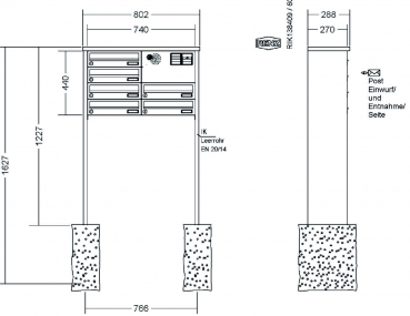 RENZ Briefkastenanlage freistehend, Tetro, Edelstahl V4A, Kastenformat 370x110x270mm, mit Klingel - & Lichttaster und Vorbereitung Gegensprechanlage, 6-teilig